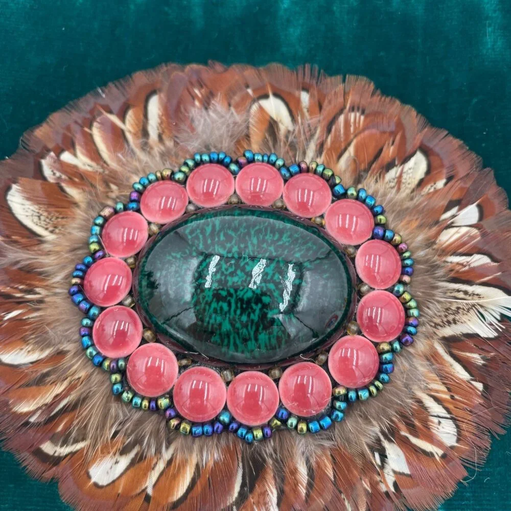 Handcrafted Boho Artisan Green Velvet Beaded Bag Feather Gem Bead Fringe Beaded - Picture 2 of 6